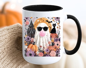 Ghost Blowing Bubble Gum Mug, Brushstroke Halloween Sublimation Design, Girly Haunted House Mug, Trendy Floral Fall Mug