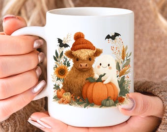 Tazza con mucca fantasma autunnale delle Highlands, tazza con mucca autunnale per la stagione spettrale, tazza di Halloween con zucca e spezie, tazza con fantasma Boo a sublimazione, tazza con girasole e zucca