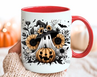 Tazza fantasma carina, Tazza con design a sublimazione, Tazza fantasma con cappello da strega nero, Tazza di Halloween, Tazza fantasma, Tazza fantasma di Halloween, Tazza zucca