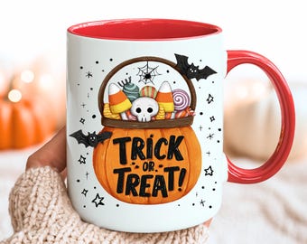 Tazza "Dolcetto o scherzetto", Tazza per la stagione spettrale, Tazza di Halloween per bambini, Tazza di dolcetti, Regalo di Halloween, Tazza di Halloween con design a sublimazione, Tazza con pipistrelli streghe