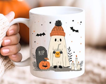 Tazza da caffè con fantasmino carino di Halloween, Tazza da caffè Bougie Boo, Tazza con fantasmino carino, Tazza di Halloween, Tazza con zucca del cimitero di Halloween, Tazza in ceramica