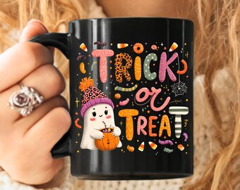 Tazza Dolcetto o scherzetto, Tazza Buon Halloween, Tazza di Halloween, Tazza con vibrazioni spettrali, Tazza fantasma, Disegni di tendenza per sublimazione Tazza di Halloween Dolcetto o scherzetto