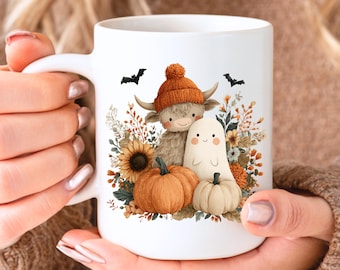 Tazza con mucca fantasma autunnale delle Highlands, tazza con mucca autunnale per la stagione spettrale, tazza di Halloween con zucca e spezie, tazza con fantasma Boo a sublimazione, tazza con girasole e zucca
