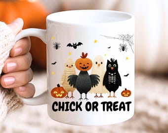 Tazza "Dolcetto o scherzetto", Tazza con pulcino carino per "Dolcetto o scherzetto", Tazza di Halloween, Tazza con pollo di Halloween, Tazza con pollo fantasma, Tazza con pollo divertente, Tazza per la stagione spettrale