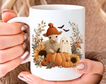Tazza con mucca fantasma autunnale delle Highlands, tazza con mucca autunnale per la stagione spettrale, tazza di Halloween con zucca e spezie, tazza con fantasma Boo a sublimazione, tazza con girasole e zucca
