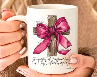 Proverbi Lei è rivestita di forza Tazza rosa chiaro con fiocco civettuolo, design preppy, design con fiocco civettuolo, tazza con versetto biblico, ragazze cristiane