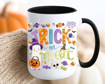 Tazza Dolcetto o scherzetto, Tazza Buon Halloween, Tazza di Halloween, Tazza con vibrazioni spettrali, Tazza fantasma, Disegni di tendenza per sublimazione Tazza di Halloween Dolcetto o scherzetto
