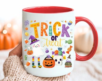 Tazza Dolcetto o scherzetto, Tazza Buon Halloween, Tazza di Halloween, Tazza con vibrazioni spettrali, Tazza fantasma, Disegni di tendenza per sublimazione Tazza di Halloween Dolcetto o scherzetto