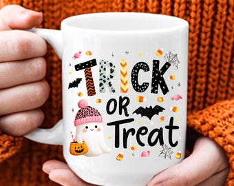 Tazza Dolcetto o scherzetto, Tazza Buon Halloween, Tazza di Halloween, Tazza con vibrazioni spettrali, Tazza fantasma, Disegni di tendenza per sublimazione Tazza di Halloween Dolcetto o scherzetto