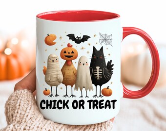 Tazza "Dolcetto o scherzetto", Tazza con pulcino carino per "Dolcetto o scherzetto", Tazza di Halloween, Tazza con pollo di Halloween, Tazza con pollo fantasma, Tazza con pollo divertente, Tazza per la stagione spettrale