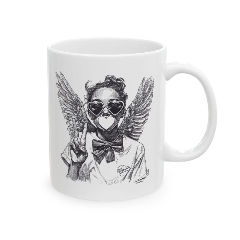 Taza retro de Cupido con diseño de San Valentín, taza de café o té con ilustración de ángel dibujada a mano, taza de cerámica. imagen 7
