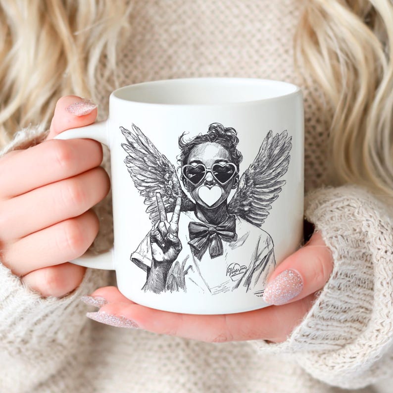 Taza retro de Cupido con diseño de San Valentín, taza de café o té con ilustración de ángel dibujada a mano, taza de cerámica. imagen 1