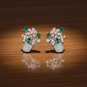 Silver Flower Pot Stud Earrings Pink Green  Whimsical Nature Jewelry