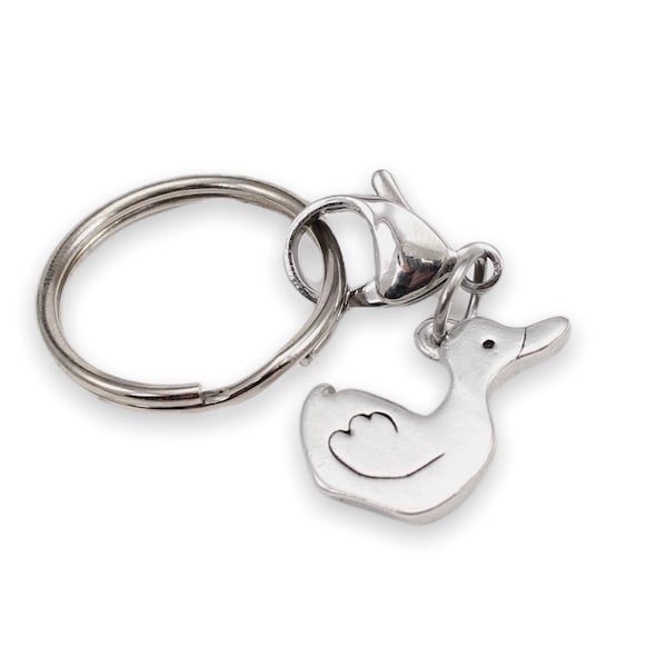 Duck Key Chain - Adorable Pewter Duck Key Fob with Stainless Steel Lobster Claw Clasp and Key Ring