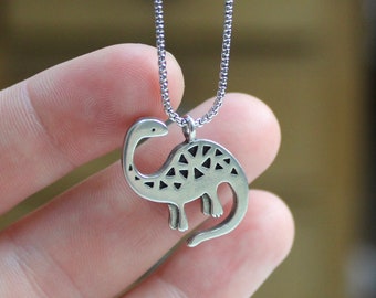 Dinosaur Pendant - Pewter Brontosaurus Necklace - Dinosaur Gift On Rounded Box Chain