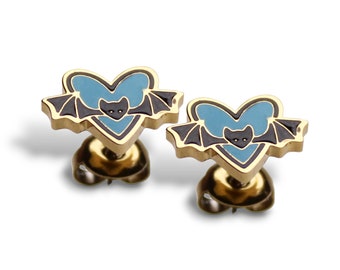 Bat Post Earrings - Gold Stud Earring with Bat and Heart - Bat Jewelry and Gifts