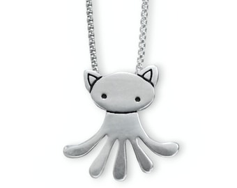 Cat Creature - Cat Necklace - Octopus Necklace - Pewter Hybrid Creature Pendant on Adjustable Stainless Steel Box Chain