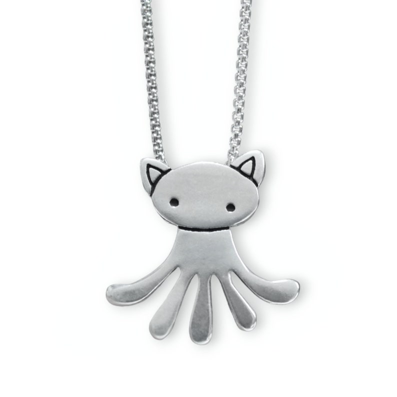 Cat Creature Cat Necklace Octopus Necklace Pewter Hybrid Creature Pendant on Adjustable Stainless Steel Box Chain image 1