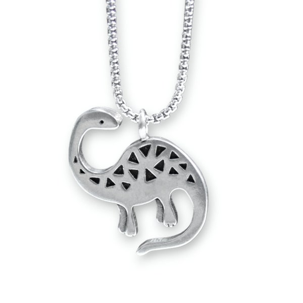 Apatosaurus  Dinosaur Necklace with Geometric Pattern - Pewter Brontosaurus Pendant - Dinosaur Charm On Rounded Box Chain