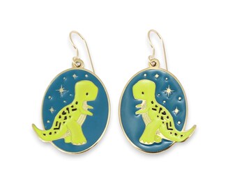 Gold Dinosaur Dangle Earrings - Tyrannosaurus Rex at Night - Adorable Dinosaur Charm Jewelry