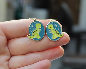 Gold Dinosaur Dangle Earrings - Tyrannosaurus Rex at Night - Adorable Dinosaur Charm Jewelry