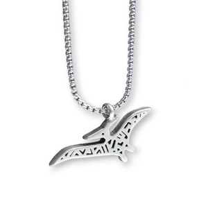 Pterodactyl Dinosaur Necklace with Modern Geometric Pattern - Pewter Pteranodon Pendant - Dinosaur Charm