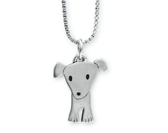 Puppy Necklace - Pewter Dog Pendant - Cute Dog Charm on Adjustable Stainless Steel Rounded Box Chain