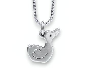 Duck Necklace - Pewter Duck Pendant - Cute Duck Charm on Adjustable Stainless Steel Box Chain