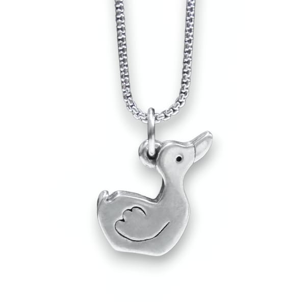 Duck Necklace - Pewter Duck Pendant - Cute Duck Charm on Adjustable Stainless Steel Box Chain