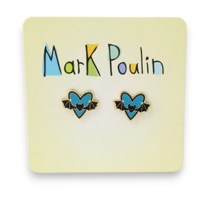 Bat Post Earrings - Gold Stud Earring with Bat and Heart - Bat Jewelry and Gifts