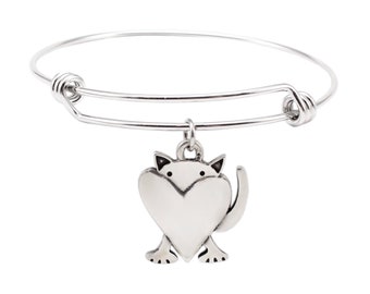 Peeking Cat Bangle - Adorable Large Cat and Heart Charm Hanging from Adjustable Stainless Steel Bangle