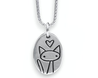 Cat Necklace -  Kitty Charm Necklace - Love Me Love My Cat Pendant on Adjustable Stainless Steel Box Chain