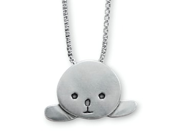 Harp Seal Necklace - Pewter Seal Pendant - Cute Seal Charm on Adjustable Stainless Steel Box Chain