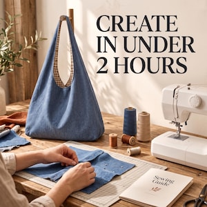 May include: A blue fabric hobo bag with a brown and white checkered interior lining hangs on a wooden stand. The text CREATE IN UNDER 2 HOURS is displayed. A sewing machine, spools of thread, a sewing guide, and blue fabric are on the table.