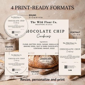 May include: Four print-ready label formats for The Wild Flour Co. chocolate chip cookies, including round, square, portrait, and landscape designs. Each label features the company name, ingredients list, QR code, and dimensions in inches.