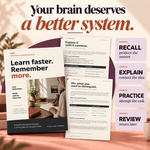 Puede incluir: Un manual de aprendizaje práctico con una cubierta blanca que presenta el texto Learn faster. Remember more. y una foto de una persona escribiendo en un cuaderno. Al lado, dos páginas abiertas detallan técnicas como Explain it until it connects.