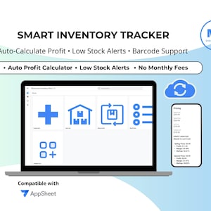 May include: A laptop and smartphone display a smart inventory tracker interface. The laptop screen shows icons for adding items, managing inventory, and more. The text reads "SMART INVENTORY TRACKER" and highlights features like auto-calculate profit and low stock alerts.