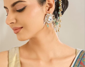 Polki Pearl Sahara Ear Chains with Aventurine Beads – Handcrafted Bridal Jewellery