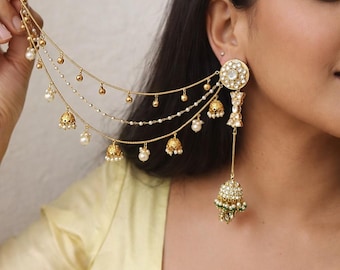 Bahubali Kundan Matt Ear Sahara Earrings with Triple-Layer Kaanchain (ear chain)
