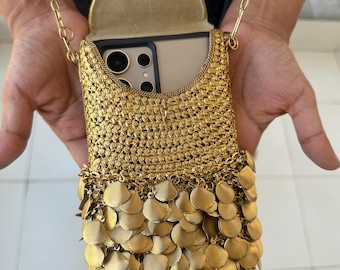 Metallic Gold Crochet Phone Bag – Scaled Sequins, Crossbody Sling Purse