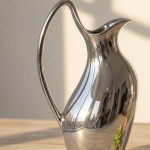 Peut inclure: Une carafe argentée polie avec une poignée incurvée et un bec verseur fin. La surface de la carafe reflète l'environnement, créant un effet miroir. Le design est élégant et moderne, adapté au service de boissons.