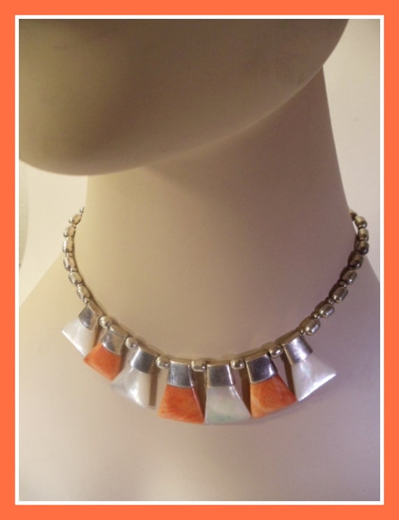 Orange and White Stone 950 Silver Necklace