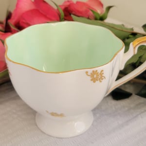 Vintage Pale Green Queen Anne Fine Bone China Tea Cups