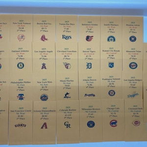 May include: A collection of rectangular tan cards arranged in a grid, each featuring a 2025 Major League Baseball team name, division, win-loss record, rank, and team logo. The cards are printed with black text and colourful team emblems.