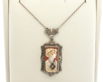 Vintage 14K White Gold Cameo Necklace