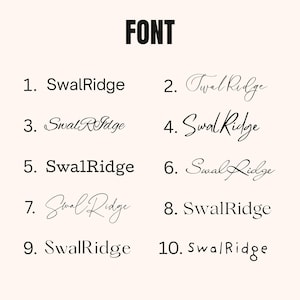 May include: A beige background displays the word "FONT" in bold black letters. Below, ten examples of the "SwalRidge" font are shown in various styles, ranging from simple to cursive, each numbered for reference.