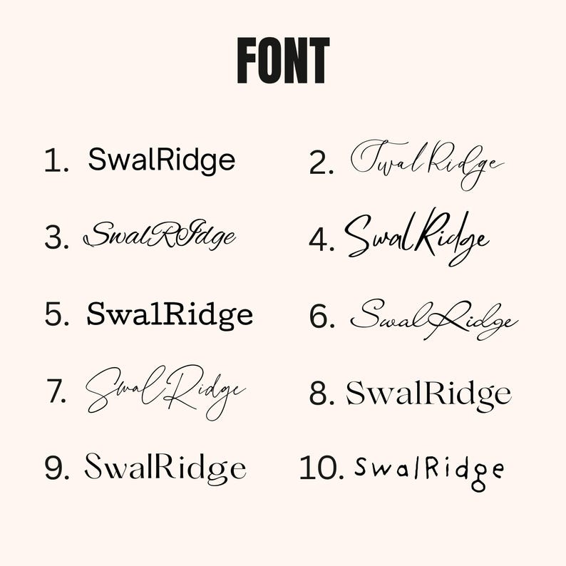 May include: A beige background displays the word "FONT" in bold black letters. Below, ten examples of the "SwalRidge" font are shown in various styles, ranging from simple to cursive, each numbered for reference.