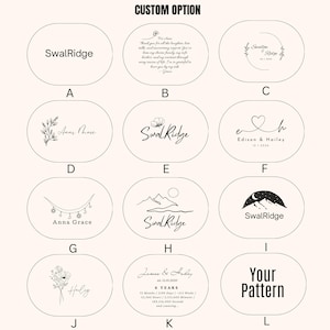 May include: A selection of personalized design options, each within an oval frame. Designs include text, floral elements, and graphic illustrations. The text includes names, dates, and phrases. The phrase "Your Pattern" is also displayed.