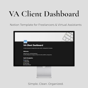 Plantilla de Notion para el panel de control de clientes de asistentes virtuales, freelancers, asistentes virtuales y gestores de redes sociales.