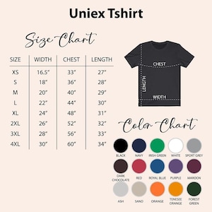 K&ouml;nnte beinhalten: Eine Gr&ouml;&szlig;entabelle f&uuml;r ein Unisex-T-Shirt mit Ma&szlig;en in Zoll f&uuml;r Breite, Brust und L&auml;nge. Die Farbkarte zeigt verschiedene Farben, darunter Schwarz, Marineblau und Rot. Der Text "Uniex Tshirt" steht oben.